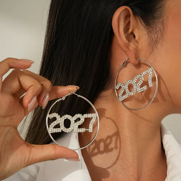 New European and American cross-border style full-diamond number 2027 large hoop earrings, unique and exaggerated shiny diamond-studded earrings for women