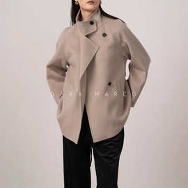 柜上1W+禾家立领绢丝山羊绒大衣手工双面呢烟管领短款外套女秋冬