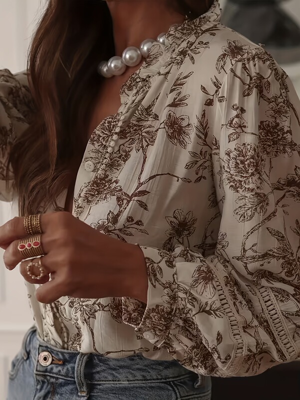 European and American Women's Floral Print Long-Sleeved Shirt with Lace Splicing Loose Top, Exclusively for Export, Suitable for Casual Vacation Wear