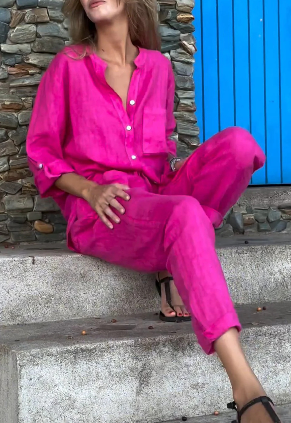 Women's Clothing 2024 Summer New Women's 2 piece Set Large Size Cotton and Linen Shirt Set High Waist Loose Trousers_voghion.com