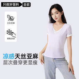 假两件亚麻T恤女短袖宽松休闲v领薄款别致设计感松弛T恤打底上衣