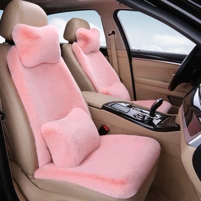 Seat cushion, seat cover | of Ready-Made Thickened Rabbit Fur Car - dusty-rose-single-seat-cover-backrest-cover-neck-pillow-and-lumbar-pillow-set-thick-plush