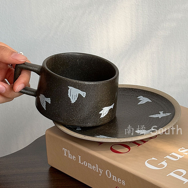 复古粗陶黑色燕子归咖啡杯碟小众高颜值下午茶水杯拉花拿铁杯礼物|undefined