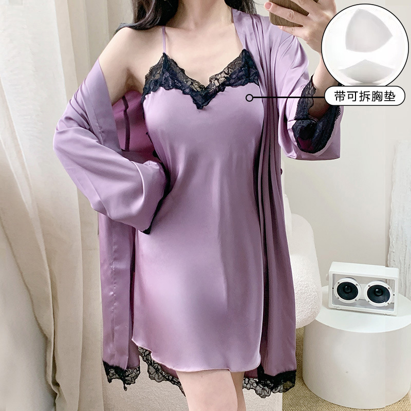 Summer New Sling Ice Silk Nightgown Pure Desire Style Home Clothes Beautiful Back Sexy Hot Pajamas with Chest Pad Two-piece Set