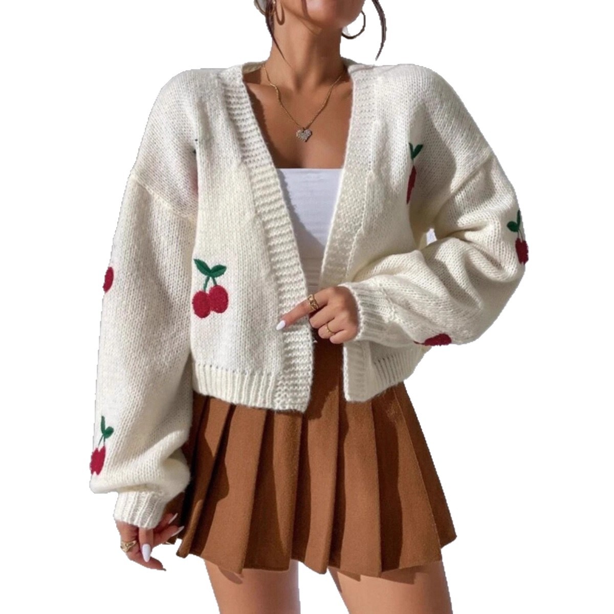 Nuevo suéter de bordado de cereza tridimensional transfronterizo de otoño y invierno de Europa y Estados Unidos. ropa de mujer. Cardigan de punto suelto sin hebilla.