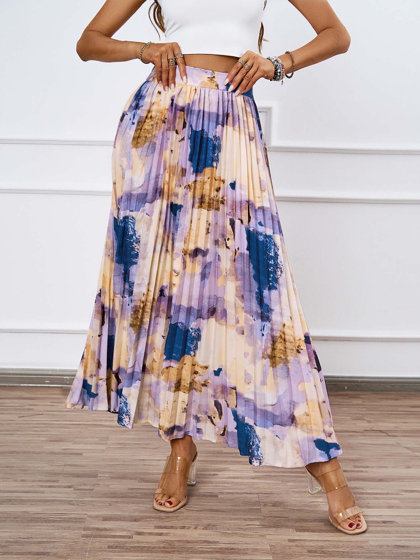 320g Weight Maxi Long Dress Dress Length Type Pleated Skirt Dresses Type Polyester Fabric Type Mid Waist Waist Line Inelastic Elasticity Holiday, Daily Occasion Regular Fit Fit Type Oil Painting Pattern Summer Season Women's Gender Casual Style Summer Casual Oil Painting Polyester Maxi Long Dress Skirts 8