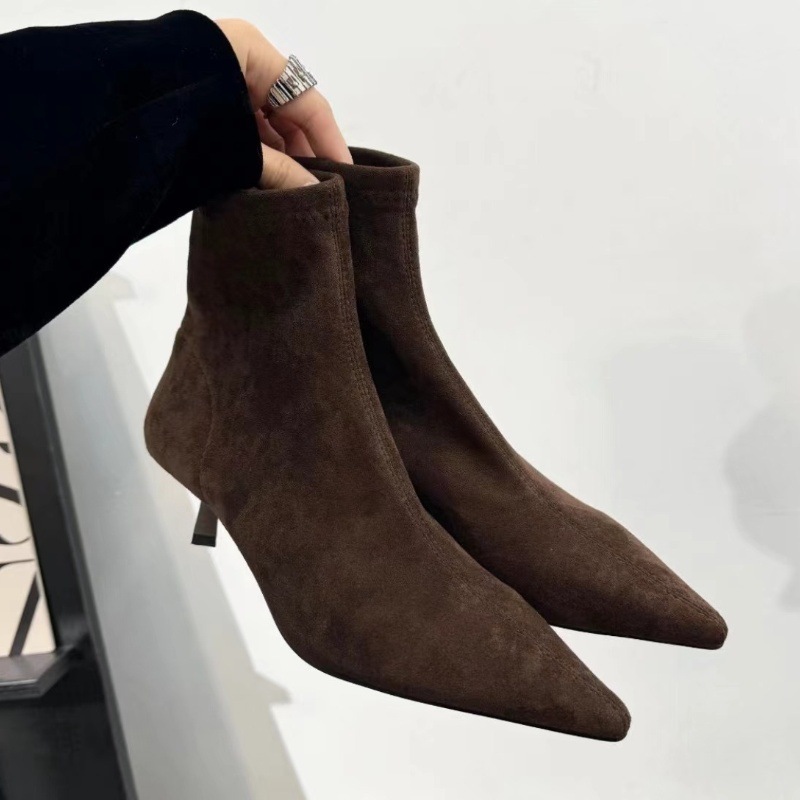 Tle Mikelin Retro Style Maillard French Pointed Toe Thin Medium Heel Elastic Slim Suede Knight Boots
