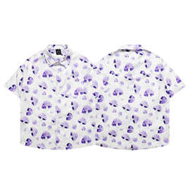印花宽松夏季紫色同夏威夷短袖垂休闲感衬衣情侣衬衫男蘑菇款2024