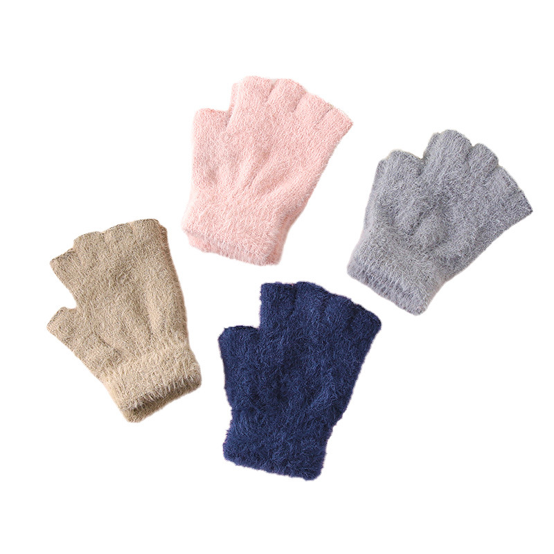 Otoño y invierno de peluche caliente y peluche estudiantes niños escritura dedos de lana tejido grueso guantes de medio dedo a prueba de frío