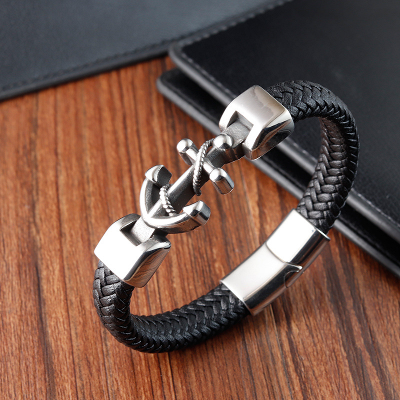 316L Stainless Steel , Leather Material Retro 316L Stainless Steel  Leather Anchor Men Cord & Leather Bracelets
