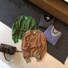 MZI STUDIO 2025天觅女装韩系撞色条纹糯叽叽V领套头毛衣女25863