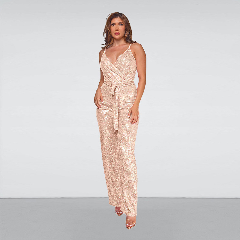 European and American Cross-border Women's Sleeveless Strap Sequin Pants Independent Station Deep V Elegant Belt Wide Leg Pants Women European and American Cross-border Women's Sleeveless Strap Sequin Pants Independent Station Deep V Elegant Belt Wide Leg Pants Women