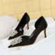 3165-AK11 Fashion Banquet Thin Heel High Heel Shallow Mouth Pointed Silk Side Hollow Water Diamond Button Women's Single Shoe