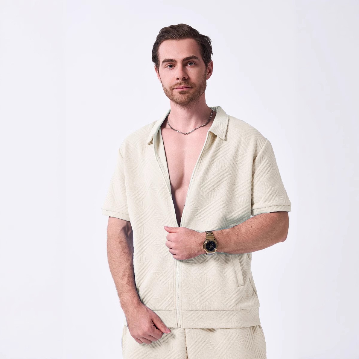 2025 European and American Cross-Border Amazon Summer New Men's Simple Casual Jacquard Short-Sleeved Zipper Cardigan Jacket