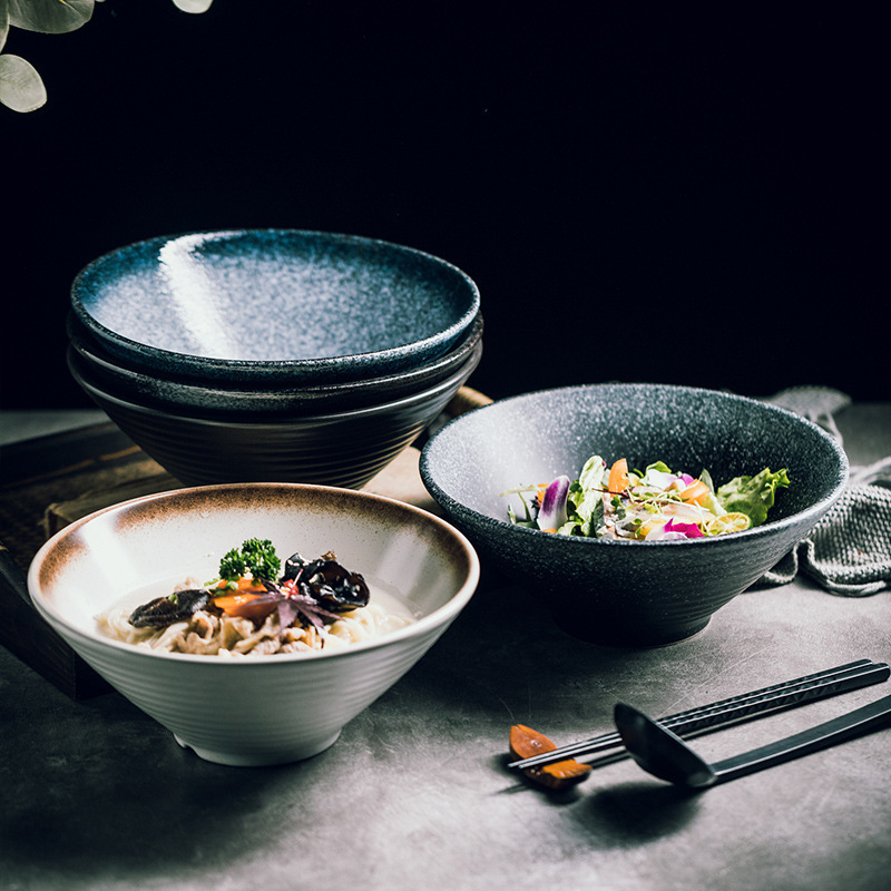 Creative Ceramic Japanese Style Bucket Bowl Vintage Coarse Pottery Roodle Bowl Tableware High-grade Household Large Open Horn Bowl