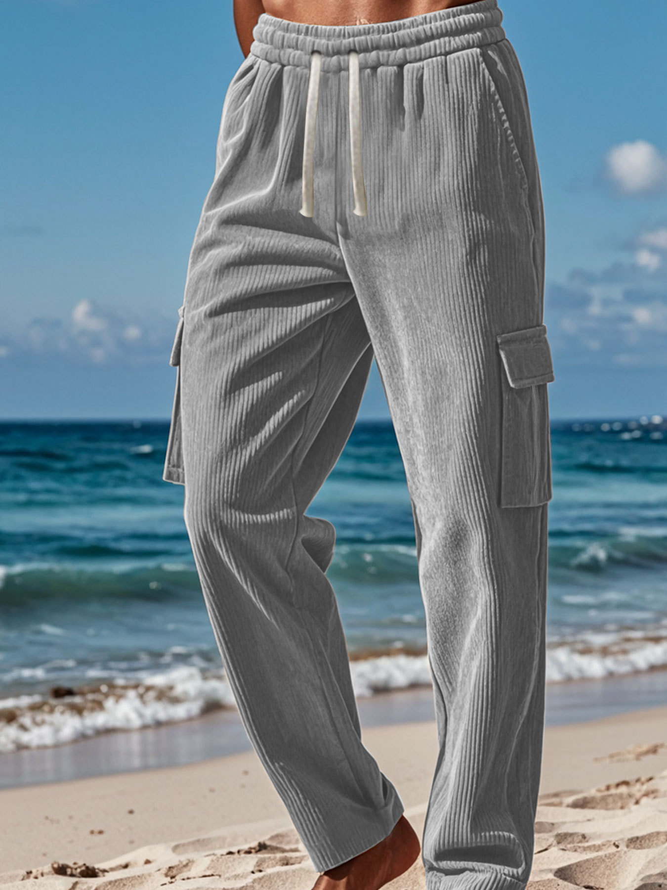 Pantaloni cargo uomo in velluto a coste multi-tasca casual_voghion.com