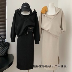 大码休闲套装上衣+挂脖连衣裙两件套女秋季胖mm巨显瘦卫衣裙套装