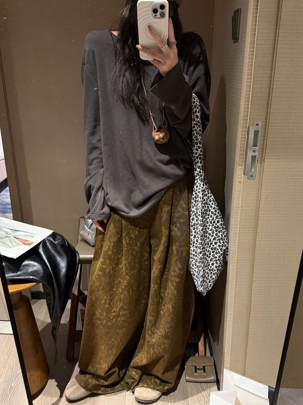复古水洗印花阔腿裤女2025秋装新款慵懒风宽松显瘦休闲裤长裤子|undefined