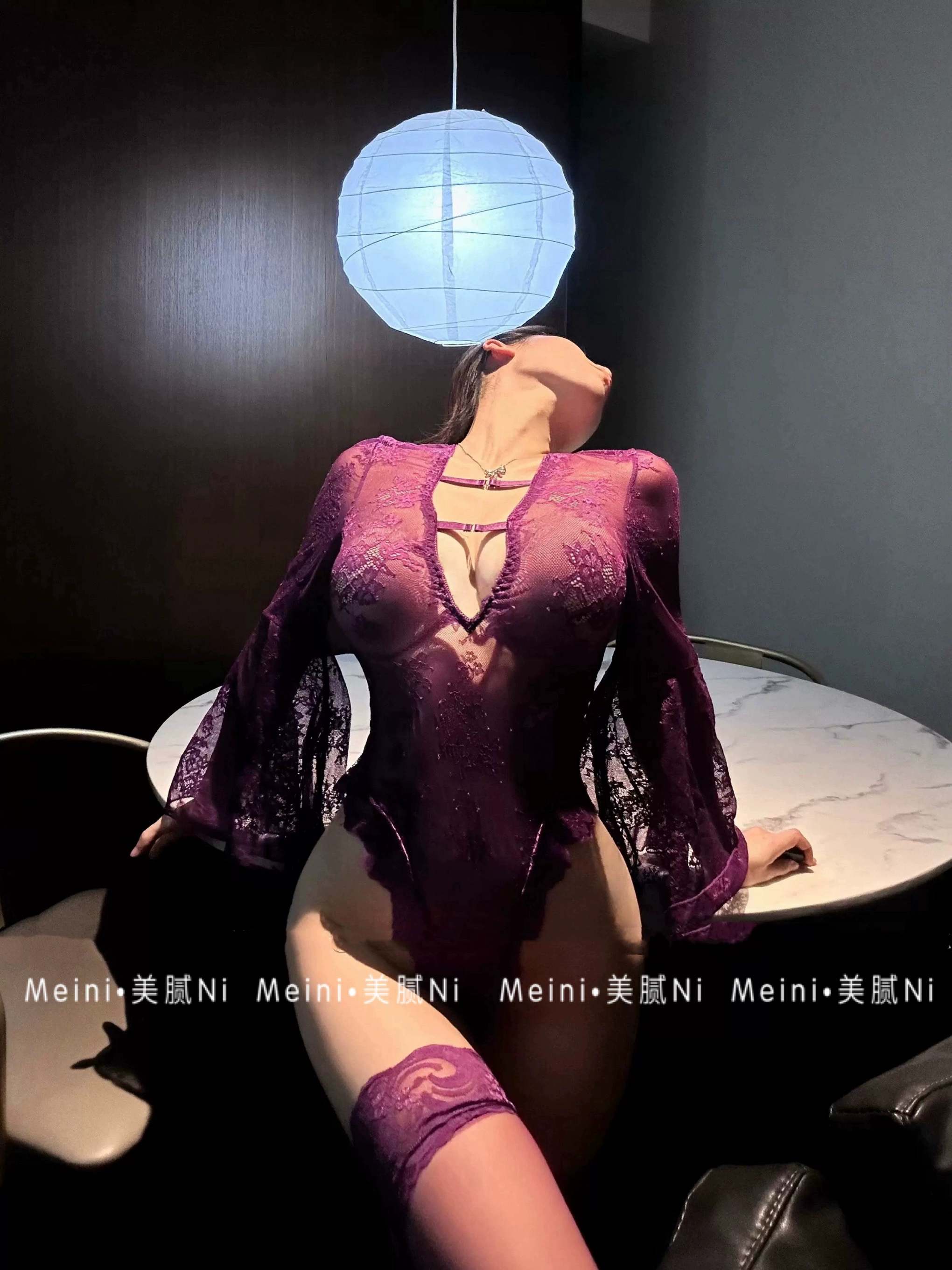 MEINI Сибуя Жена * Очаровательные Фиолетовый кружевной Сексуальный Смеечник Тонкая пижама с расклешенными рукавами пижама