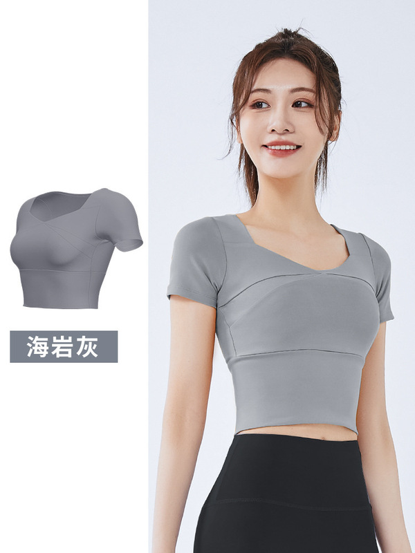 Juyitang 夏ショート女性スポーツトップ胸パッド付きランニングタイトヌードフィットネスヨガ半袖|undefined