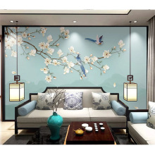 新中式手绘玉兰花背景墙布8D工笔花鸟墙纸客厅沙发影视墙壁画