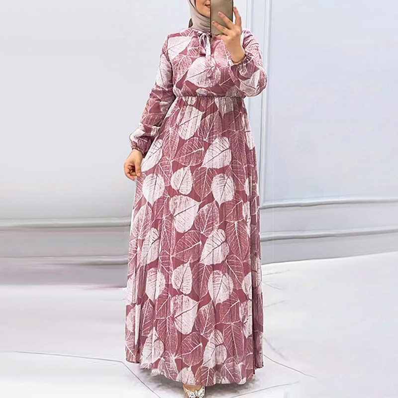 M2236 Middle East Dubai Women's Robe New Leaf Pleated Skirt Fashionable Waist-Cinching Dress_ecoleips.com