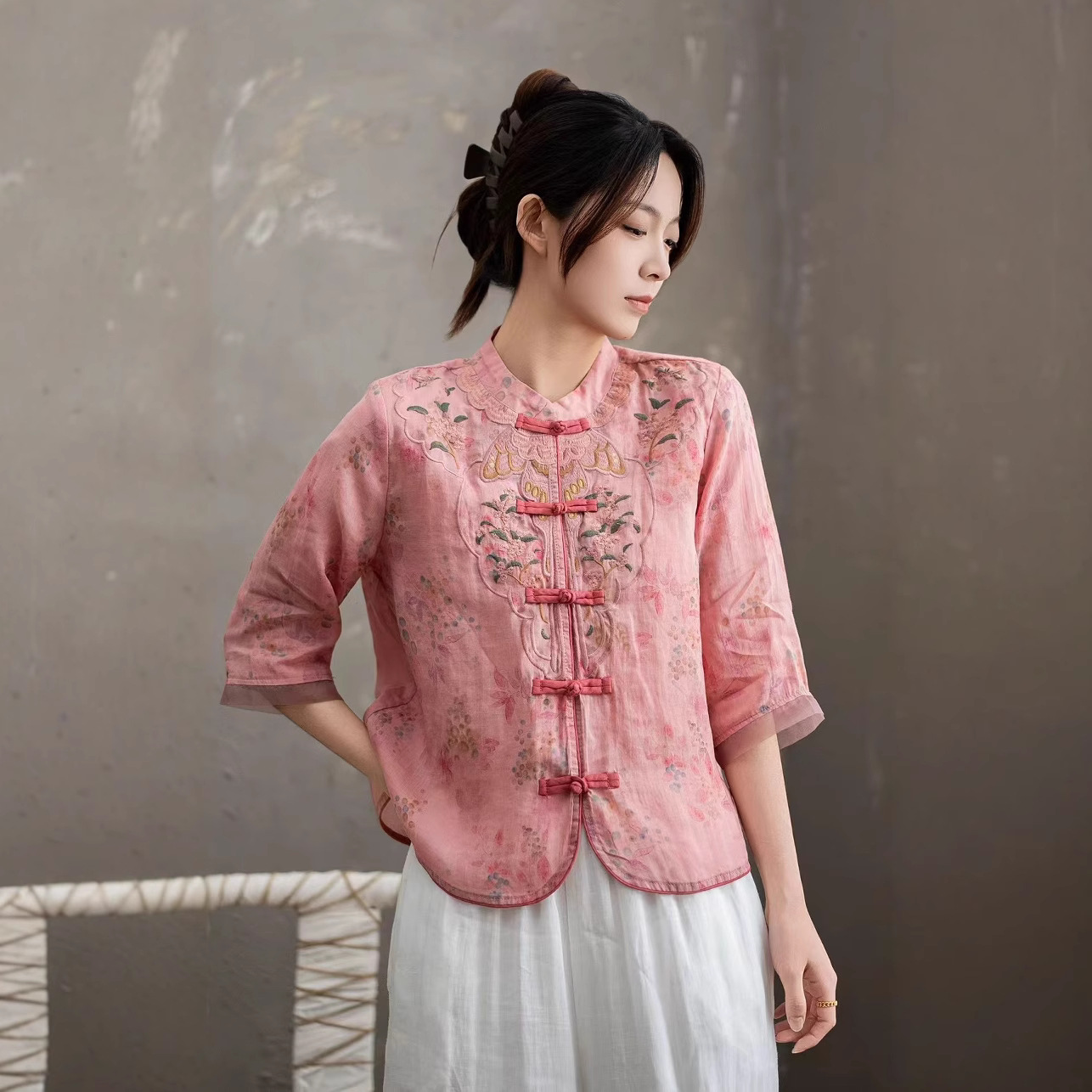Embroidered Ramie Printed Shirt 2025 Summer New Artistic New Chinese Style Button National Style Contrast Color Seven-Sleeve Shirt for Women
