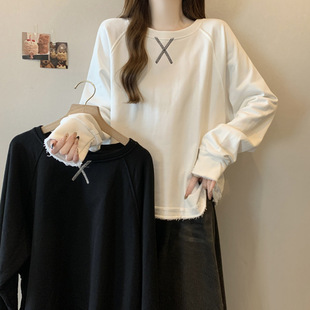 plus size chubby girl Loose Round Neck Long-Sleeved Casual Age-Reducing Loose Pullover Sweat Outer Wear Inner Top Women's Autumn Clothing