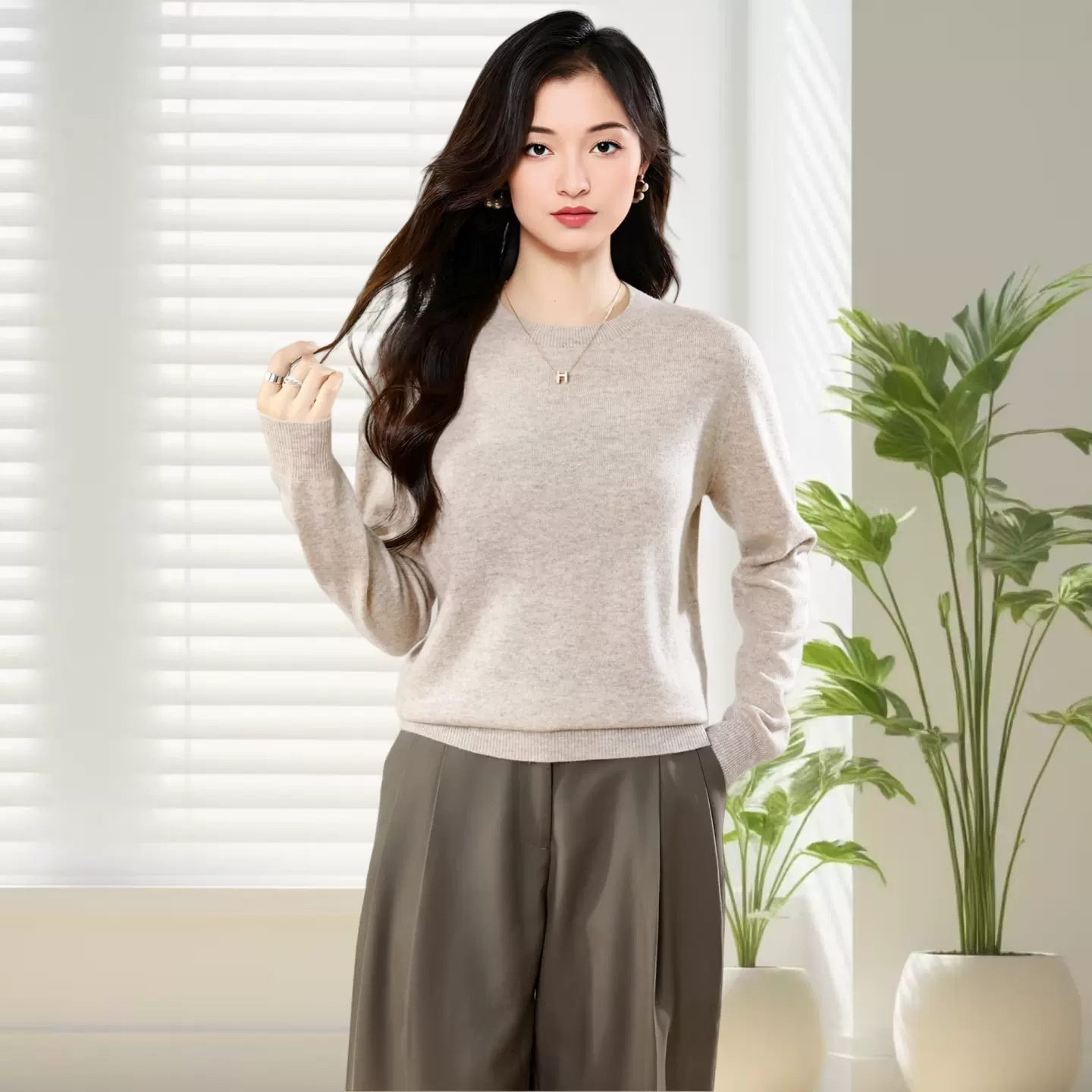 软糯舒适山羊绒针织衫女圆领时尚百搭长袖毛衣宽松简约打底衫上衣