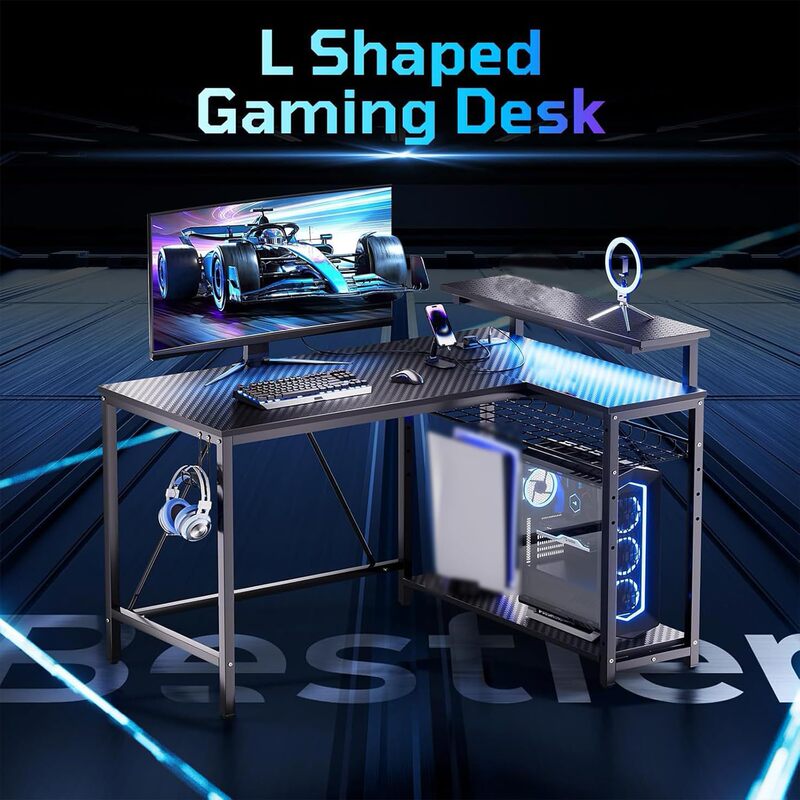 L-Shaped Corner Gaming Desk Stand with Power Strip, Light Strip, Modern Minimalist Style Desk, Double-Sided Storage Rack and Hooks