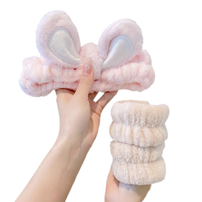 Lindo Rosa lavado de cara banda de pelo de las mujeres a prueba de humedad banda de muñeca banda de pelo absorbente de tres piezas conjunto máscara facial diadema especial