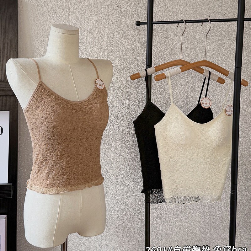 2601 Bubble Flower Pattern Sling Vest with Fixed Cup Design, Pure and Alluring, Slimming Effect, Thin Straps, Tube Top, Beautiful Back