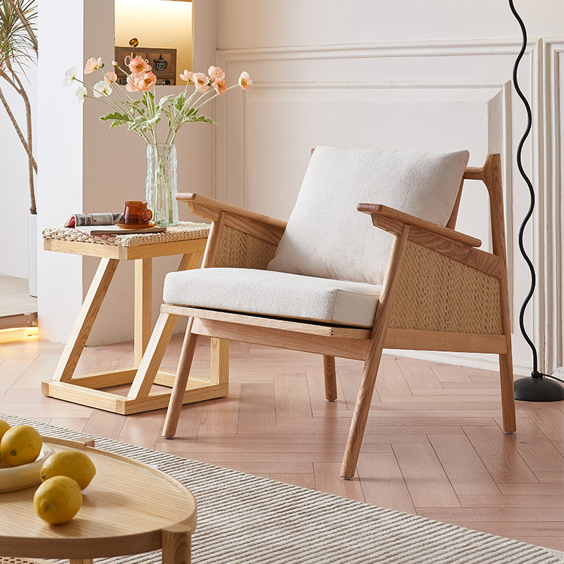 Nordic solid wood sofa chair living room home rattan leisure recliner simple modern bed & breakfast balcony rattan chair three-piece set