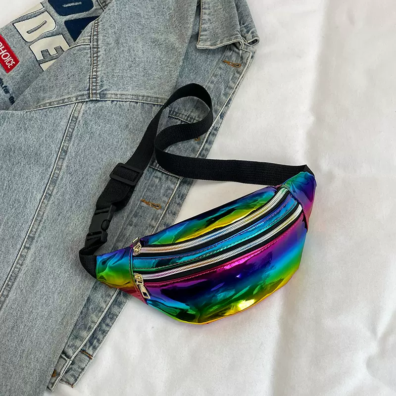 跨境新款镭射腰包女士彩虹亮面胸包PU腰包夏季彩色单肩斜挎包批发