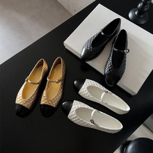 2025新款菱格平底玛丽珍鞋女羊皮拼色单鞋时尚芭蕾舞鞋复古一字带