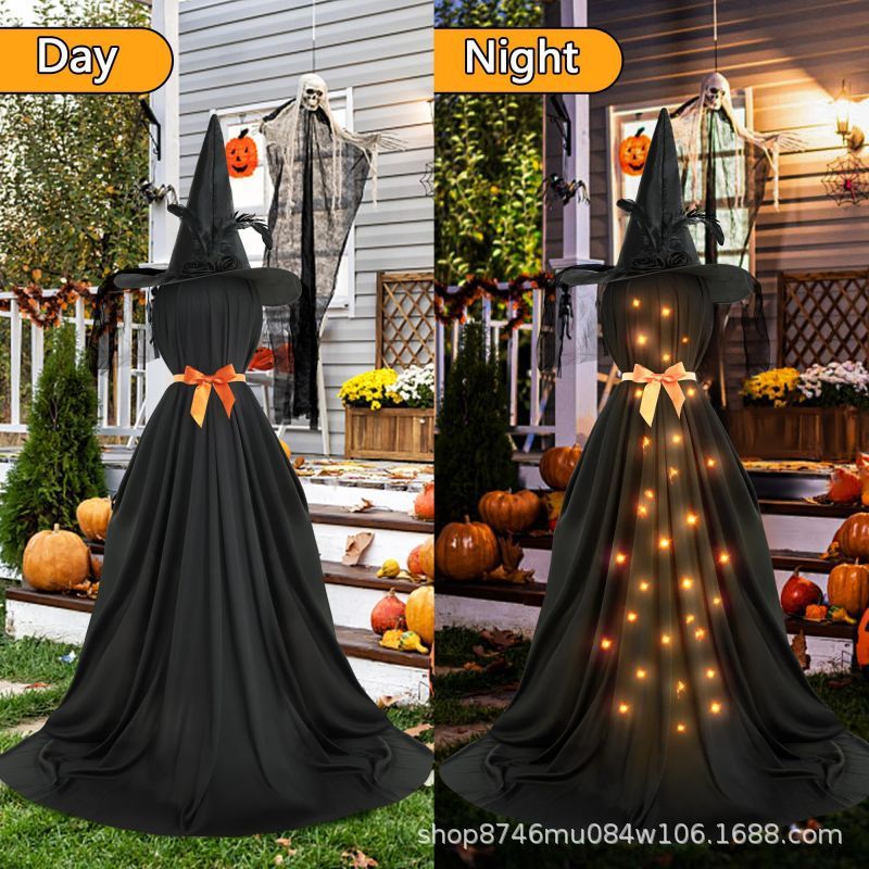 国境を越えた新製品ハロウィーン装飾LED発光幽霊黒幽霊リボン付きハロウィーン魔女装飾|undefined