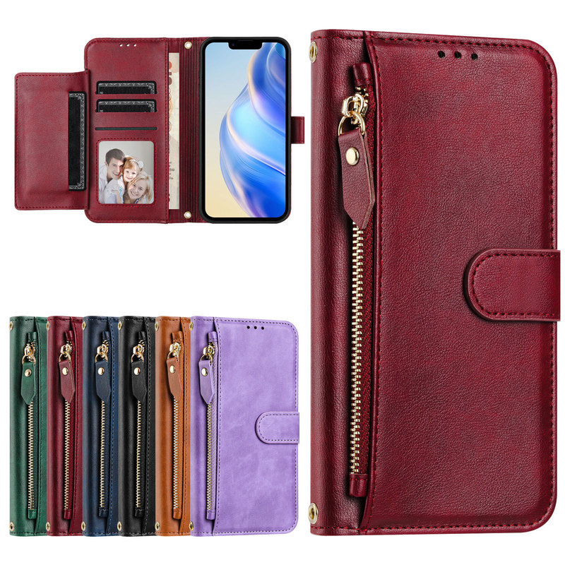 For Samsung S25 Multi-card Leather Case A16 Solid Color Multi-function Zipper Wallet Crossbody Protective Case MOTO G55
