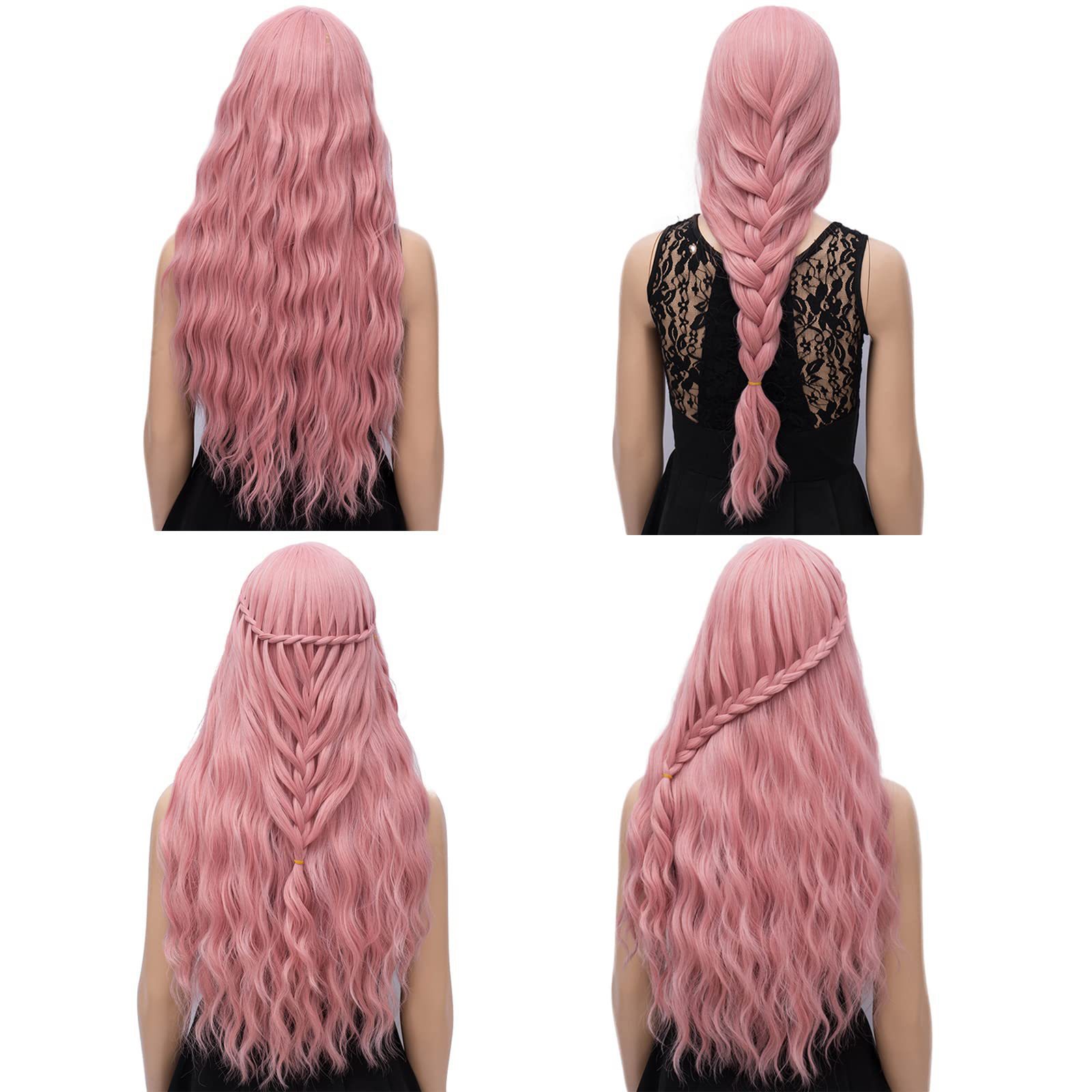Pink Wave Synthetic Clip-in Hair Wig With Sophisticated Bangs_voghion.com