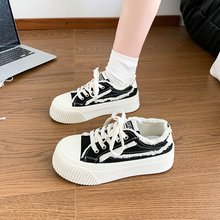 厚底毛边拼接小白鞋女春新款学生韩版帆布鞋百搭休闲板鞋一件代发