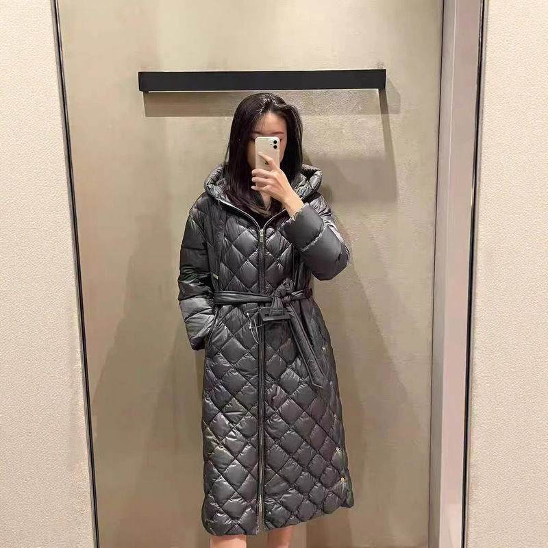 Max25 New Winter Style Rhombus Waist Women's Long Knee-Length Warm and Slim Hooded down Jacket