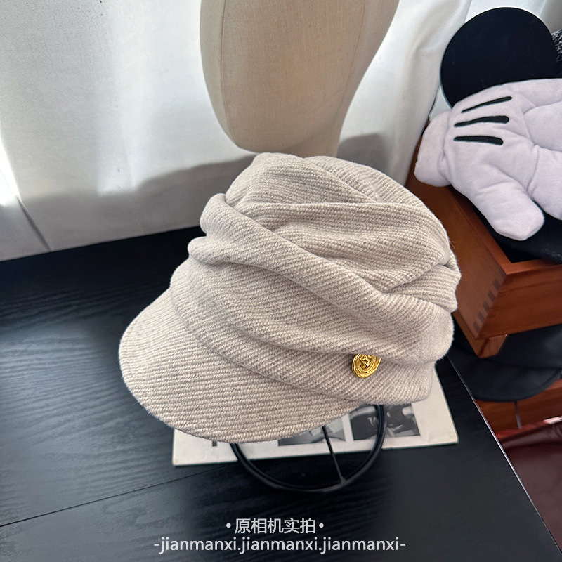 日系秋冬新款复古褶皱报童帽子女文艺休闲百搭显脸小平顶鸭舌帽潮|undefined
