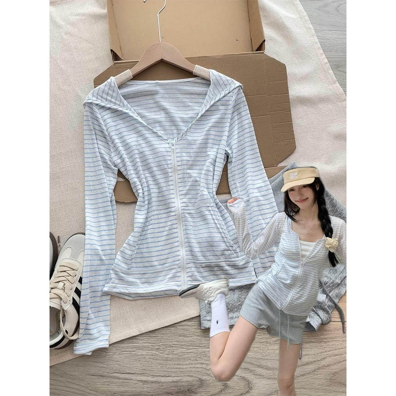 Blue and White Striped Blouse, Slim-Fit Sun-Protective Top, Cardigan, Thin Jacket, Women's Summer Sports Suit, Beautiful Outfit for Early Spring