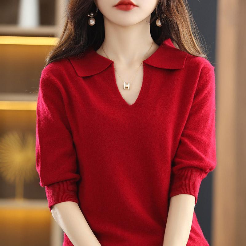 polo collar mid-sleeve T-shirt sweater Women's Spring New loose pullover short all-match sweater bottoming shirt women's top