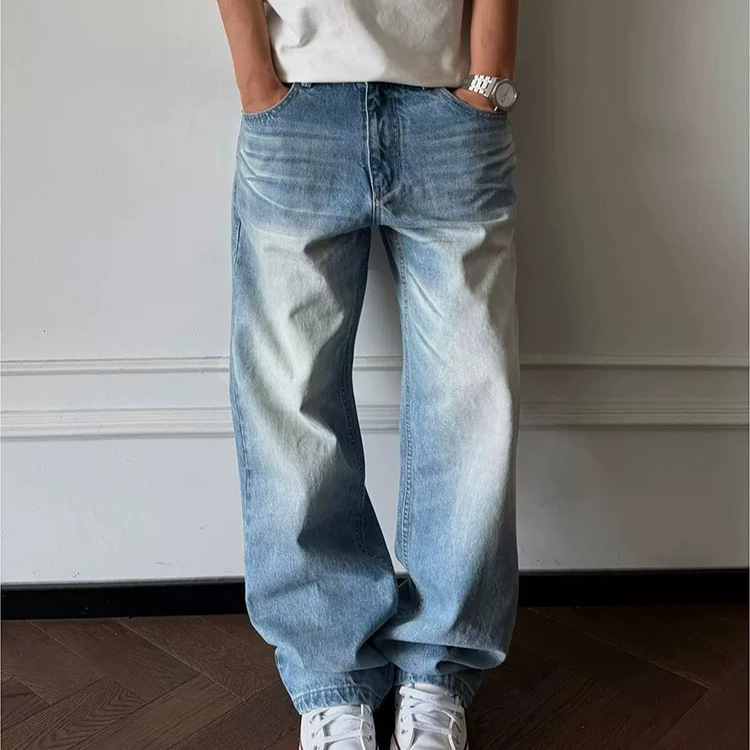 Ice Blue Retro Washed Whiskered Jeans for Men, New Summer Style, American Style, Versatile, Loose Straight Casual Long Pants Ice Blue Retro Washed Whiskered Jeans for Men, New Summer Style, American Style, Versatile, Loose Straight Casual Long Pants