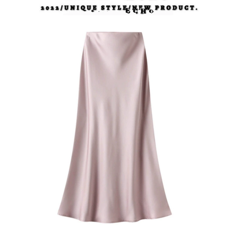 Шелковистая атласная ацетатная юбка средней длины с высокой талией для женщин, летняя новая длинная юбка трапециевидной формы с разрезом на бедрах, облегающая фигуру