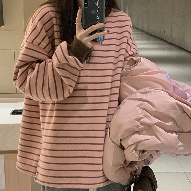 Women's casual pullover round neck long-sleeved sweater autumn Korean style contrast color striped loose top