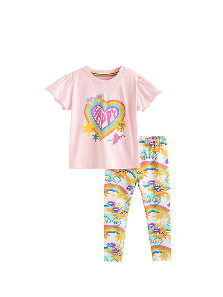 Malwee transfronterizo conjunto de niñas verano nuevo cuello redondo camiseta europea y americana pantalones de cintura elástica para niños dos piezas