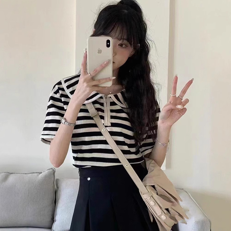 Summer New Style Lazy Style Lapel Zipper Half Open Chest Striped Short-Sleeved Sweater Color Block Top for Women Casual and Versatile Summer New Style Lazy Style Lapel Zipper Half Open Chest Striped Short-Sleeved Sweater Color Block Top for Women Casual and Versatile