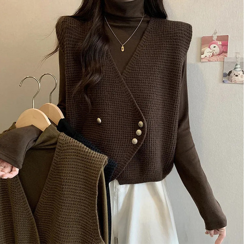 Loose Retro V-neck Knit Cardigan Vest for Women, Spring and Autumn Season, Cantian, Sweatshirt, Sleeveless Backless Top Upper Garment