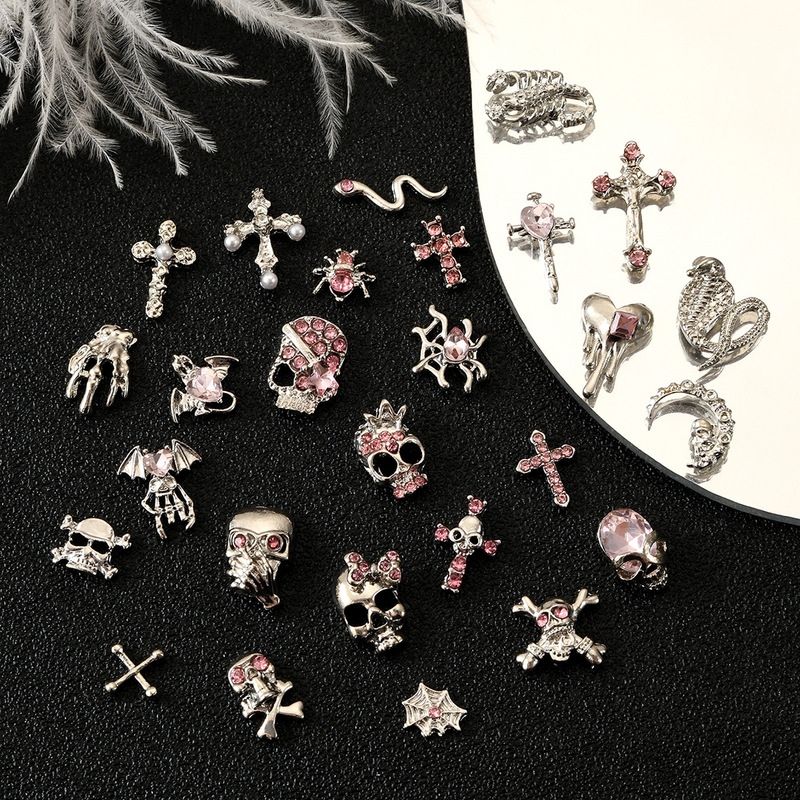 New White K Skull Alloy Nail Art Jewelry Halloween Cross Diamond Punk Style Metal Nail Accessories